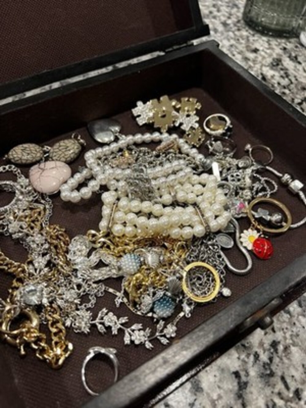 Vintage Wooded Jewelry Box Full Of Costume Jewelry
